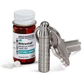 Extra-Small Nitroglycerin Keychain Pill Holder, Made in USA Stainless Steel Pill Keychain Container, Waterproof Pill Case, Stores 7 Nitro Pills