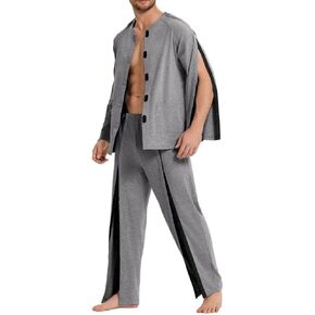 Deyeek Post Shoulder Surgery Shirts for Men Chemo Port Shirts Dialysis Patient Care Tear Away Cotton Pajamas Set