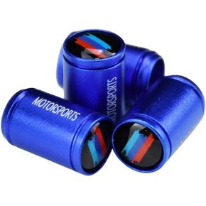 (Set of 4) Blue Aluminum Auto Tire Valve Stem Cap Cover Trim with M Sports Stripes Resin Emblem for BMW 3 5 7 M3 M4 M5 M8 X1 X3 X4 X5 X6 X7 Z4 i3 i4 ix Anti-Rust Exterior Sport Performance Trim Decal