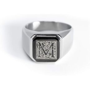 Jewelry | Stainless Steel Letter Alphabet Initial Ring | Square Flat Top Ring for Men & Women | Stainless Steel Jewelry, (Black, Gold, Silver), Size 7-16