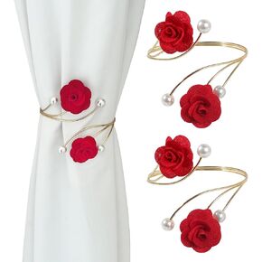 2 Pack Curtain Tiebacks,Red Rose with Pearls Curtain Holdbacks, Decorative Gold Curtain Tiebacks, Handmade Flower Curtain Holdbacks No Drill, Boho Curtain Holder for Home Office Decor (Red)