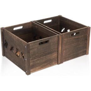 Wooden Crates, Farmhouse Wooden Crates for Storage with Carved Cute Patten, Solid Wood Crates for Display, Durable & Handmade Large Wooden Crate, Wooden Boxes for Decor, 2 Pack, Brown