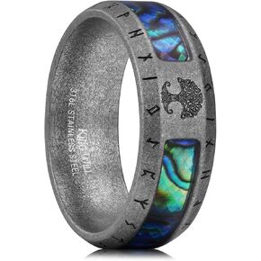 King Will Unique Titanium Men Wedding Band Ring - Etched Tree of Life Rune Design and Abalone Shell Inlay, 8mm Titanium Men Ring Vintage Steel Finish, Hypoallergenic Men Ring Comfort Fit Size 7-14