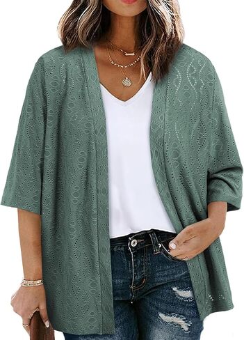 Eytino Plus Size Cardigan for Women Half Sleeve Knitted Jacquard Summer Kimono Cover up Tops(1X-5X) in Saudi Arabia