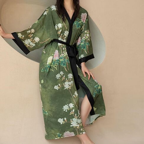 Women Silk Robe Satin Kimono Robes Japanese Style Nightwear - Lightweight & Breathable, Lounging & Relaxing - One Size in Kuwait