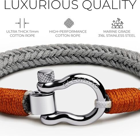 Elegatto Orion Premium Rope Bracelet for Men | Natural Cotton Finish and Sterling Silver Polished Stainless Steel Horseshoe Shackle Closure | Men’s Designer Bracelets in Kuwait