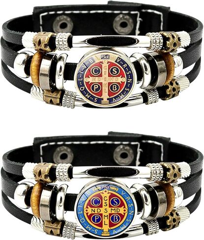 2Pcs Glow in The Dark Medalla de San Benito Bracelet Men's 3-layer Leather Saints Cross Bracelet Snap Buttons for Father Husband Couples Son Jewelry in Saudi Arabia