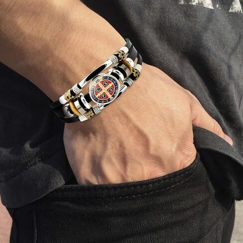 2Pcs Glow in The Dark Medalla de San Benito Bracelet Men's 3-layer Leather Saints Cross Bracelet Snap Buttons for Father Husband Couples Son Jewelry in Saudi Arabia