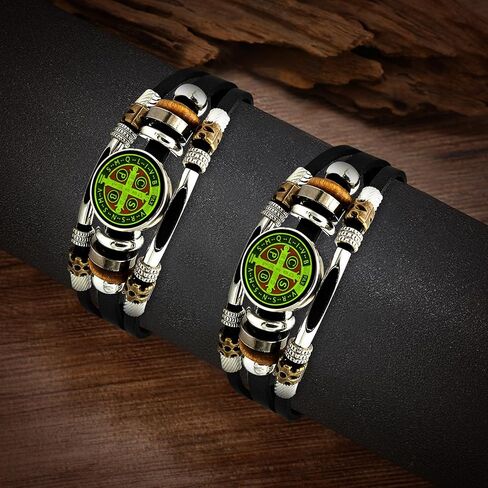 2Pcs Glow in The Dark Medalla de San Benito Bracelet Men's 3-layer Leather Saints Cross Bracelet Snap Buttons for Father Husband Couples Son Jewelry in Saudi Arabia