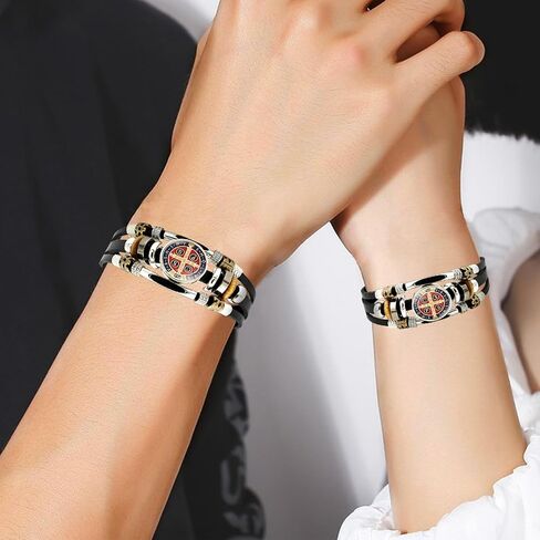 2Pcs Glow in The Dark Medalla de San Benito Bracelet Men's 3-layer Leather Saints Cross Bracelet Snap Buttons for Father Husband Couples Son Jewelry in Saudi Arabia