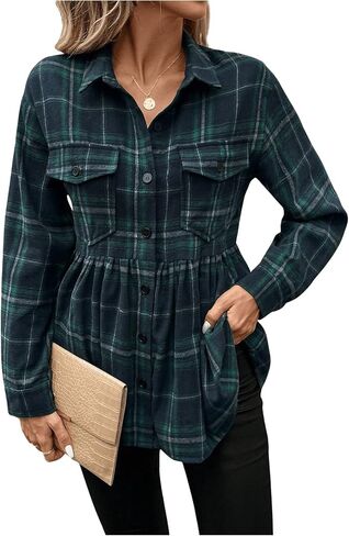 SweatyRocks Women's Long Sleeve Plaid Print Flare Hem Button Down Shirt Peplum Blouse in Saudi Arabia