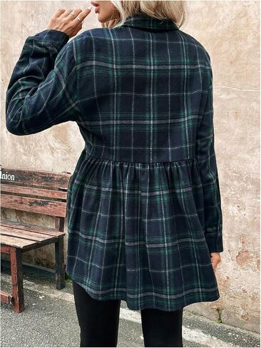 SweatyRocks Women's Long Sleeve Plaid Print Flare Hem Button Down Shirt Peplum Blouse in Saudi Arabia