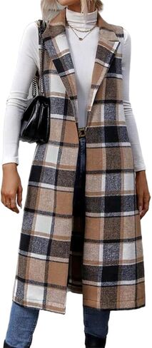 IDEALSANXUN Womens Long Plaid Vest Fall Winter Sleeveless Blazer Jackets Open Front Cardigan in Kuwait