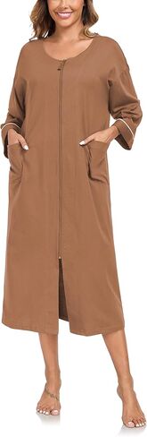 COLORFULLEAF 100% Cotton Zipper Robes for Women 3/4 Sleeve Bathrobe Lightweight with Pockets Loungewear in Kuwait