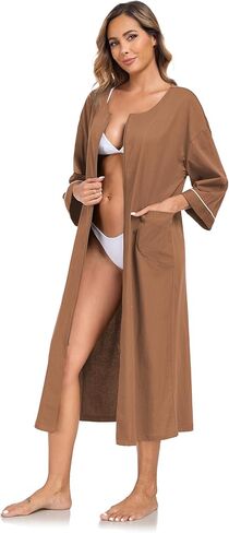 COLORFULLEAF 100% Cotton Zipper Robes for Women 3/4 Sleeve Bathrobe Lightweight with Pockets Loungewear in Kuwait