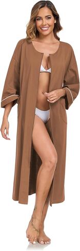 COLORFULLEAF 100% Cotton Zipper Robes for Women 3/4 Sleeve Bathrobe Lightweight with Pockets Loungewear in Kuwait