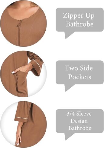COLORFULLEAF 100% Cotton Zipper Robes for Women 3/4 Sleeve Bathrobe Lightweight with Pockets Loungewear in Kuwait