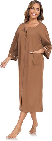 COLORFULLEAF 100% Cotton Zipper Robes for Women 3/4 Sleeve Bathrobe Lightweight with Pockets Loungewear in Kuwait
