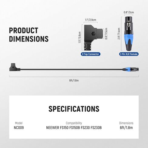Neewer 6ft/1.8m D-Tap Male to 4 Pin XLR Female Power Cable PL60C Continuous LED Video Light, NC011 in Saudi Arabia