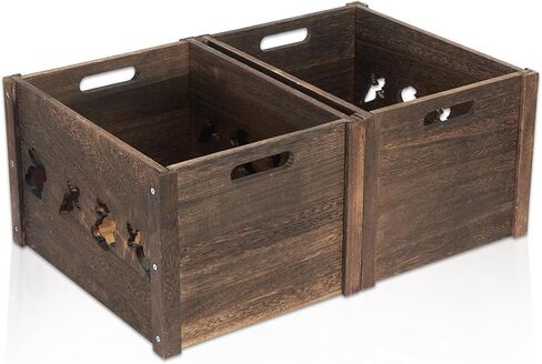 Wooden Crates, Farmhouse Wooden Crates for Storage with Carved Cute Patten, Solid Wood Crates for Display, Durable & Handmade Large Wooden Crate, Wooden Boxes for Decor, 2 Pack, Brown in Saudi Arabia
