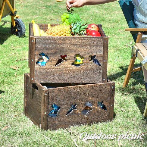 Wooden Crates, Farmhouse Wooden Crates for Storage with Carved Cute Patten, Solid Wood Crates for Display, Durable & Handmade Large Wooden Crate, Wooden Boxes for Decor, 2 Pack, Brown in Saudi Arabia