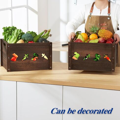Wooden Crates, Farmhouse Wooden Crates for Storage with Carved Cute Patten, Solid Wood Crates for Display, Durable & Handmade Large Wooden Crate, Wooden Boxes for Decor, 2 Pack, Brown in Saudi Arabia