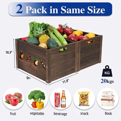 Wooden Crates, Farmhouse Wooden Crates for Storage with Carved Cute Patten, Solid Wood Crates for Display, Durable & Handmade Large Wooden Crate, Wooden Boxes for Decor, 2 Pack, Brown in Saudi Arabia