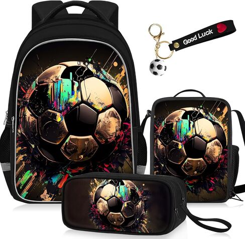 School Backpack For Boys - 4pcs Soccer s Boys Backpack With Lunch Box And Pencil Case For Kids Children Teens Elementary Middle School - Boys Backpacks Ages 6-18，17″ Sports Bookbag Travel Back Pack in Kuwait