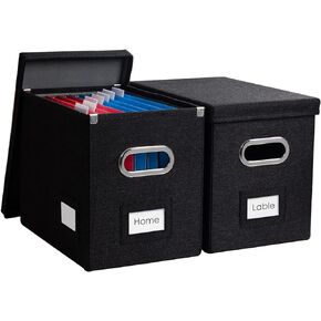 PRANDOM File Organizer Box - Set of 1 Collapsible Decorative Linen Filing Storage Hanging File Folders with Lids Office Cabinet Letter Size Black (14x9.3x10.8 inch)