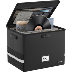 DocSafe Vinyl Record Storage Box with Lock,Fireproof＆Water Resistant Record Organizer Storage for 100+ Single Records(12-inch),Collapsible Storage Crate with Lid&Handles for Valuable Album Collection