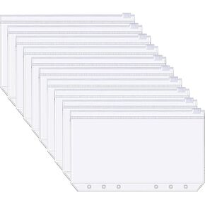 Cash Envelopes for A6 Binder, Plastic Zipper Pouch for Budgeting with 6 Holes, Clear Pockets with Multicolor Zip for Cash Stuffing, 12 pcs