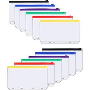 Cash Envelopes for A6 Binder, Plastic Zipper Pouch for Budgeting with 6 Holes, Clear Pockets with Multicolor Zip for Cash Stuffing, 12 pcs