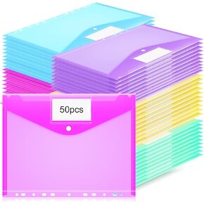 Fuutreo 50 Pcs Binder Pockets for 3 Ring Binder Plastic Binder Envelopes Pocket Binder Folders 11 Hole Snap Button Binder Pouch with Label Expandable Binder Organizer for 2/3/4 Ring(Bright Colors)