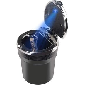 Car Cigarette Ashtray with Lid, Auto Car Ashtray Cup Holder and Blue LED Light Indicator, Portable Vehicle Cigarette Ashtray Ash for Home, Office (Black)
