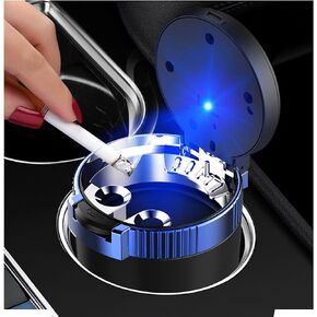 Car Ashtray with Lid, Portable & Detachable Smokeless Ashtray, Mini Vehicle Stainless Steel Trash Can with LED Blue Light, Universal Accessories Fits Most Auto Cup Holder (Blue)