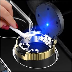 Car Ashtray with Lid, Portable & Detachable Smokeless Ashtray, Mini Vehicle Stainless Steel Trash Can with LED Blue Light, Universal Accessories Fits Most Auto Cup Holder (Blue)