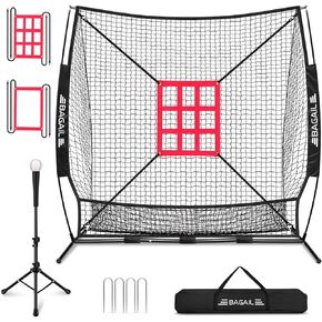 BAGAIL 7x7 ft Baseball & Softball Practice Net with Bow Frame for Batting, Hitting, Pitching, Portable Baseball Throwing Net with 2 Strike Zone Batting Tee, Carry Bag, Great for All Levels