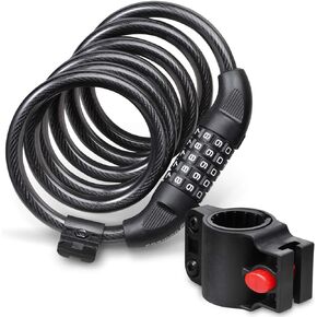 Bike Lock Cable (6 Feet), Fosmon Heavy Duty 5-Digit Self Coiling Resettable Combination Code, Bicycle Chain Flexible Steel Security Cable Lock with Bike Mount Holder - Black