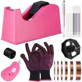 Kosiz 20 Pcs Heat Tape Dispenser Set 2 Heat Resistant Gloves with Silicone Bumps 6 Multi Size Heat Tape for Sublimation Mini Cutter Pen Set Nonskid Weighted Base Tape Holder for Heat Press (Rose Red)