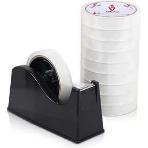 BOMEI PACK Desktop Tape Dispenser (Fits 1" & 3" Core) with Transparent Tape Refills, Clear Tape with Black Tape Holder,Weighted Non Slip Base, for Masking Tape,Heat Resistant Tape