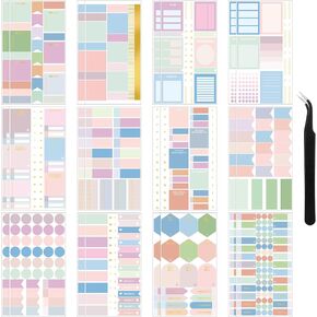 24 Sheets Pastel Functional Planner Stickers Mixed Metallic Functional and Elegant Stickers with Elbow Tweezer Colorful Customizing Planners Stickers for Planners Notebooks Budgeting (Cute Color)