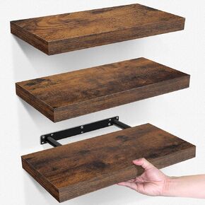 LaVie Home Floating Shelves, 15.6 Inch Wall Shelf Set of 3, Hanging Shelf with Invisible Brackets, Wall Decor for Bathroom, Bedroom, Living Room, Kitchen Storage, Classic Black