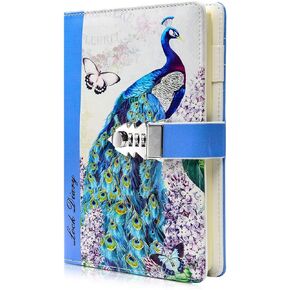 ARRLSDB A5 Creative Password Lock Journal PU Leather Combination Lock Diary Digital Password Notebook Locking Journal Diary (Peacock 2)
