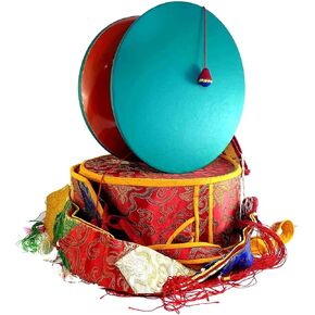 Tibetan Chod Damaru Round, Large, Wooden Leather, With Brocade Damaru Drum Cover Damaru Brocade Tail - Nepali Authentic Design Hand Carved Folk Musical Instrument for All Age Groups of Musicians