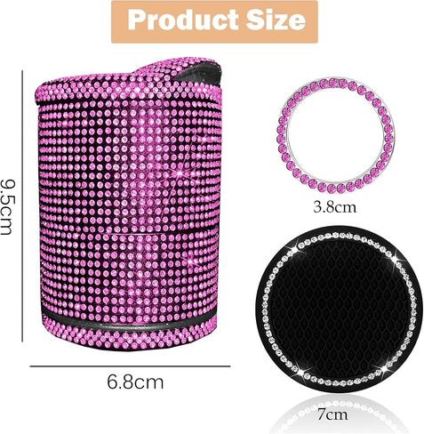 منفضة سجائر سيارة من الكريستال الماسي مع غطاء مقاوم للرائحة، منفضة سجائر السيارة مع غطاء أزرق LED، منفضة سجائر محمولة للسيارة، حامل أكواب أسطواني بدون دخان للسجائر، سلة مهملات صغيرة للسيارة (وردي) in Kuwait