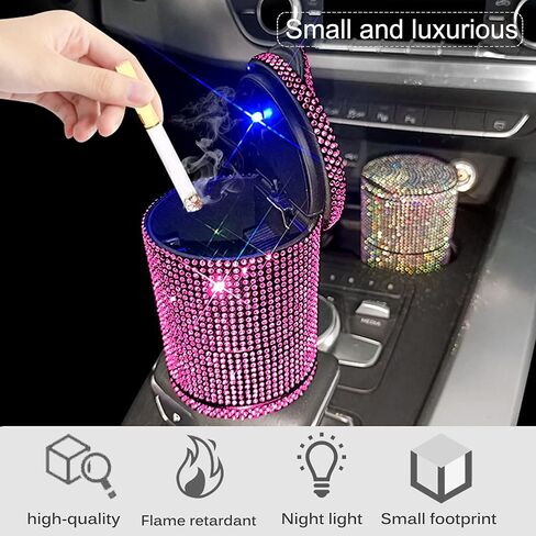 منفضة سجائر سيارة من الكريستال الماسي مع غطاء مقاوم للرائحة، منفضة سجائر السيارة مع غطاء أزرق LED، منفضة سجائر محمولة للسيارة، حامل أكواب أسطواني بدون دخان للسجائر، سلة مهملات صغيرة للسيارة (وردي) in Kuwait