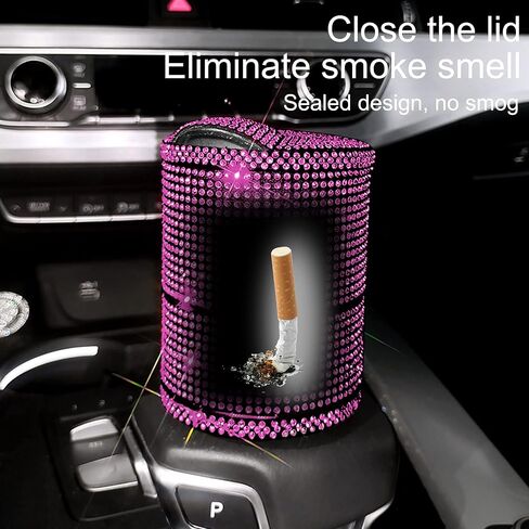 منفضة سجائر سيارة من الكريستال الماسي مع غطاء مقاوم للرائحة، منفضة سجائر السيارة مع غطاء أزرق LED، منفضة سجائر محمولة للسيارة، حامل أكواب أسطواني بدون دخان للسجائر، سلة مهملات صغيرة للسيارة (وردي) in Kuwait