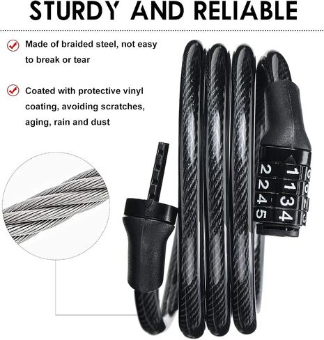 Hotop 10 Pcs Bike Lock Cable with Combination, 4 Feet Coiled Preset High Security Digit Bicycle Anti Theft Accessories Black Locks, 5/6 Inch Diameter in Saudi Arabia