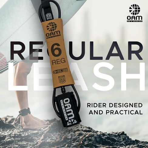 OAM Premium Regular Surfboard Leash - 6, 7, 8, 9, 10 - Made in The USA, Reg Leash w/Key Pocket, Soft Cuff, Double Swivel, Detachable Rail Saver, Molded Stand Off, Pro Surfer Design in Saudi Arabia