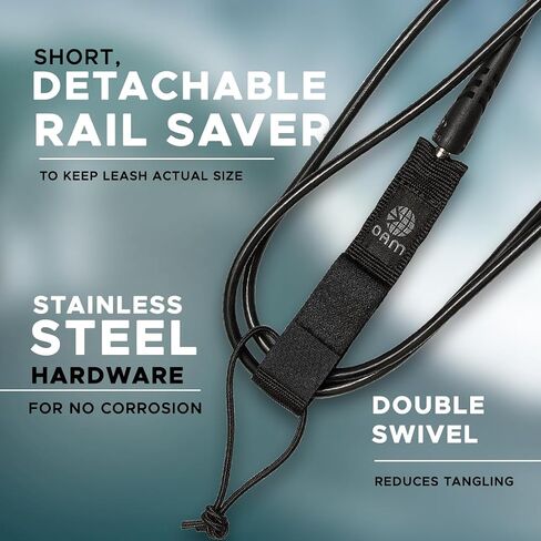 OAM Premium Regular Surfboard Leash - 6, 7, 8, 9, 10 - Made in The USA, Reg Leash w/Key Pocket, Soft Cuff, Double Swivel, Detachable Rail Saver, Molded Stand Off, Pro Surfer Design in Saudi Arabia